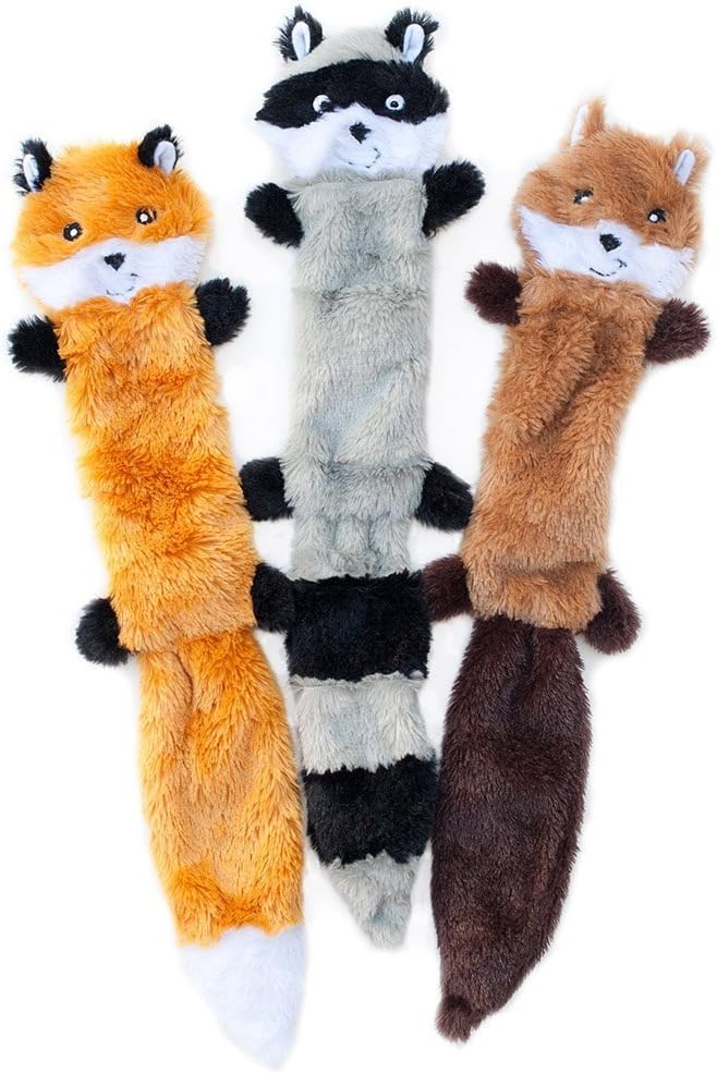 ZippyPaws Skinny Peltz - Fox, Raccoon, & Squirrel - No Stuffing Squeaky Dog Toys, Unstuffed Chew Toy for Small & Medium Breeds, Bulk Multi-Pack of 3 Soft Plush Toys, Flat No Stuffing Puppy Toys - 18"